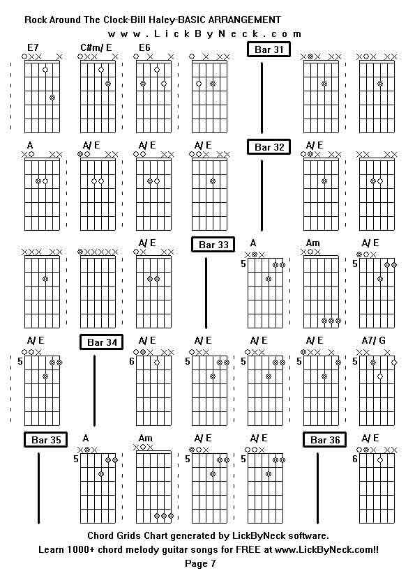 Chord Grids Chart of chord melody fingerstyle guitar song-Rock Around The Clock-Bill Haley-BASIC ARRANGEMENT,generated by LickByNeck software.